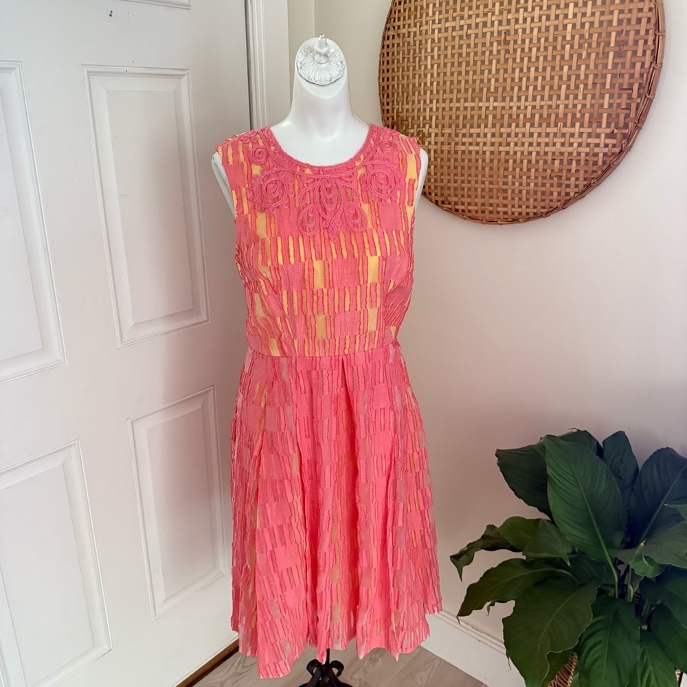 Tracy Reese Pink Yellow Linen Blend Fit Flare Midi Dress 8 Spring Wedding Guest - Picture 2 of 9